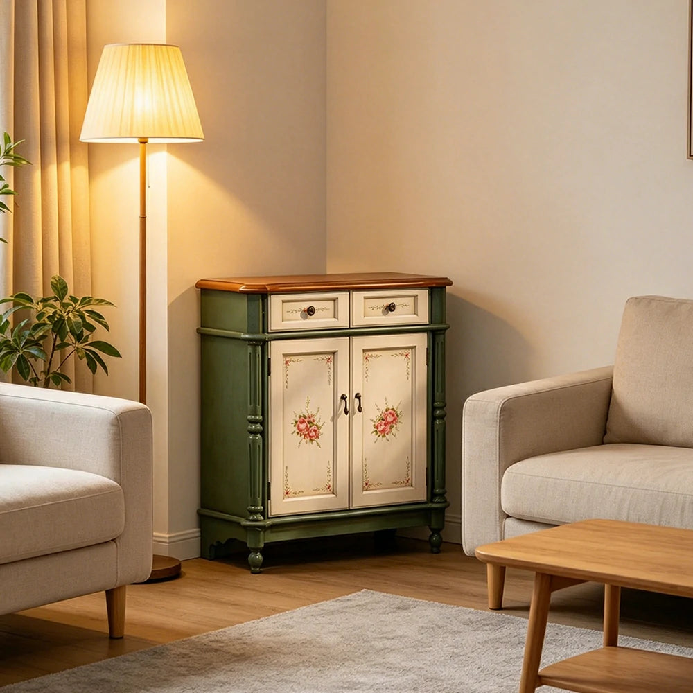 LIVARA Solid Wood 2 Door Shoe Cabinet with Hand Painted Storage American Entryway Cabinet 77cm - Green & White