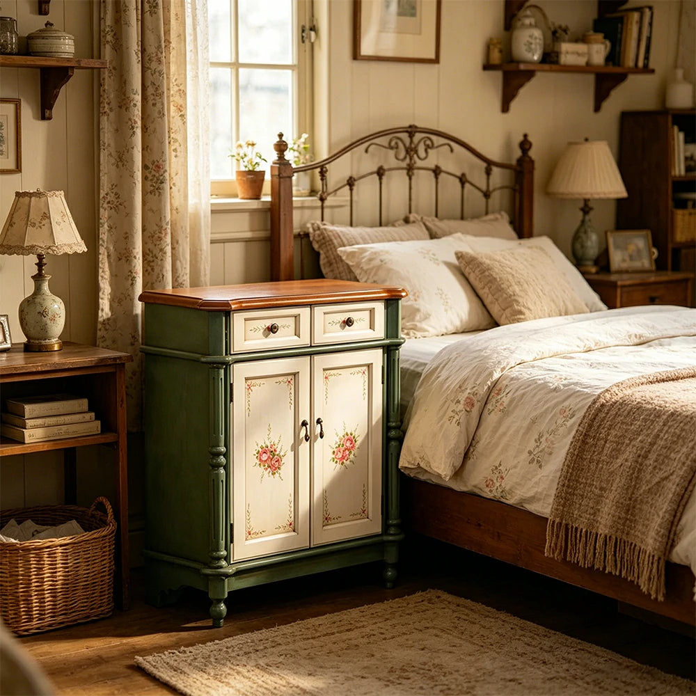 LIVARA Solid Wood 2 Door Shoe Cabinet with Hand Painted Storage American Entryway Cabinet 77cm - Green & White
