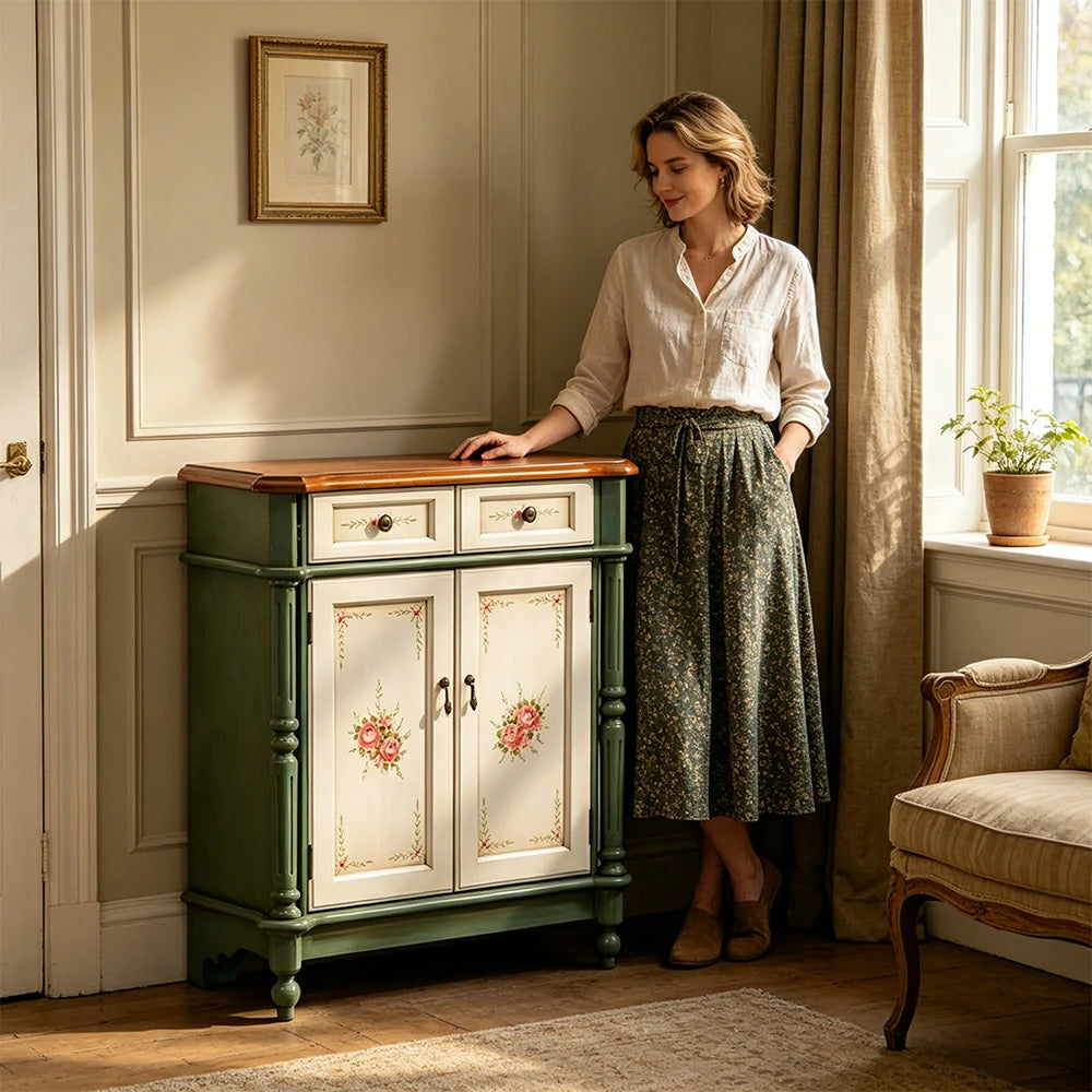 LIVARA Solid Wood 2 Door Shoe Cabinet with Hand Painted Storage American Entryway Cabinet 77cm - Green & White