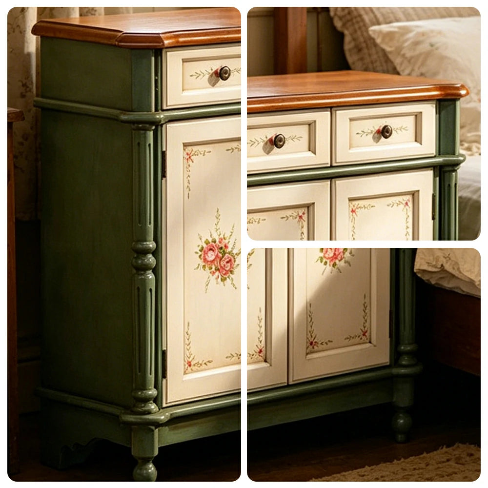 LIVARA Solid Wood 2 Door Shoe Cabinet with Hand Painted Storage American Entryway Cabinet 77cm - Green & White
