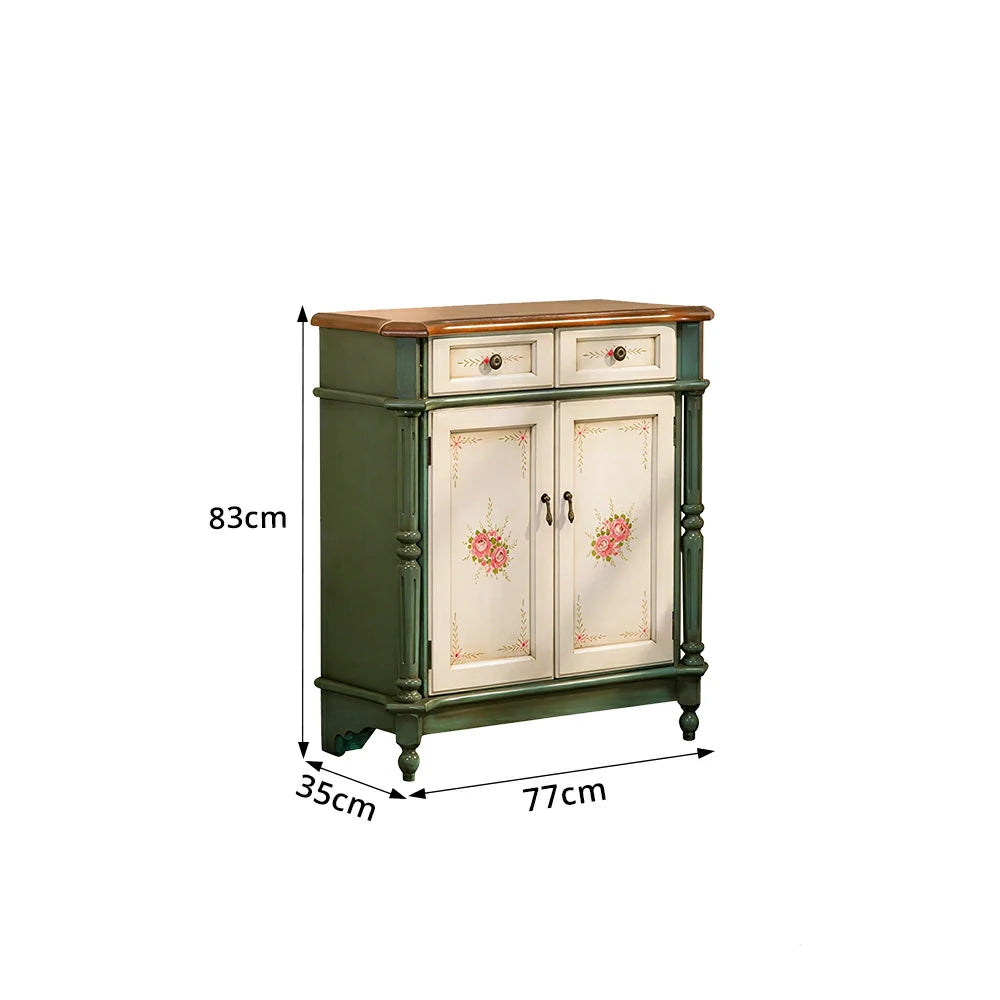 LIVARA Solid Wood 2 Door Shoe Cabinet with Hand Painted Storage American Entryway Cabinet 77cm - Green & White