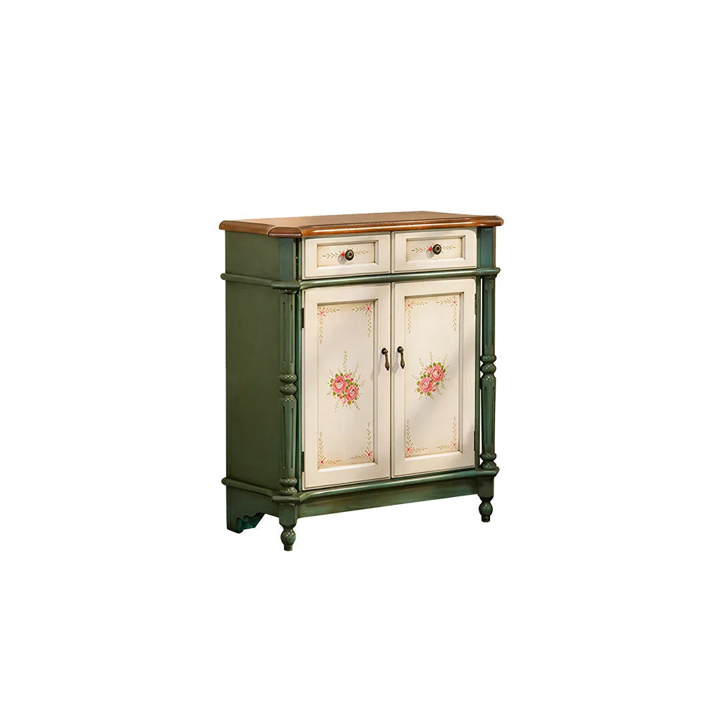 LIVARA Solid Wood 2 Door Shoe Cabinet with Hand Painted Storage American Entryway Cabinet 77cm - Green & White
