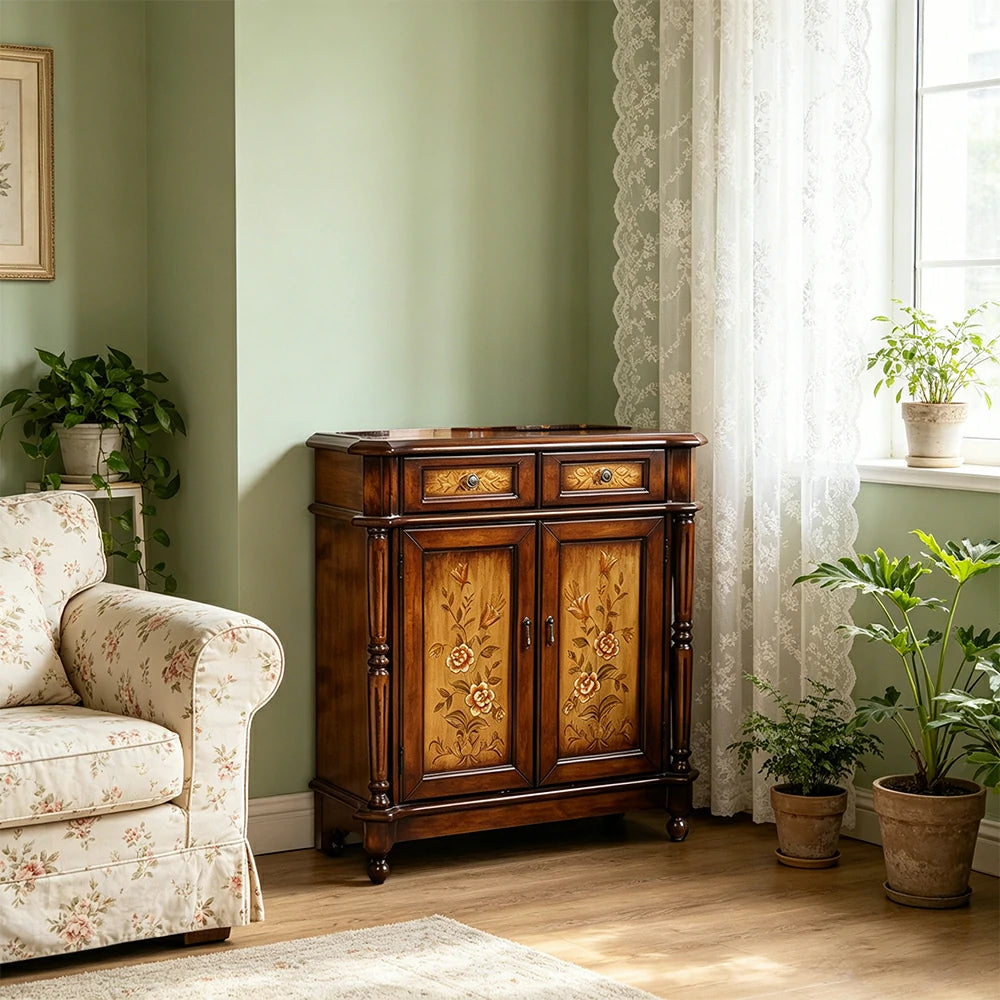 LIVARA Solid Wood 2 Door Shoe Cabinet with Hand Painted Storage American Entryway Cabinet 77cm - Brown