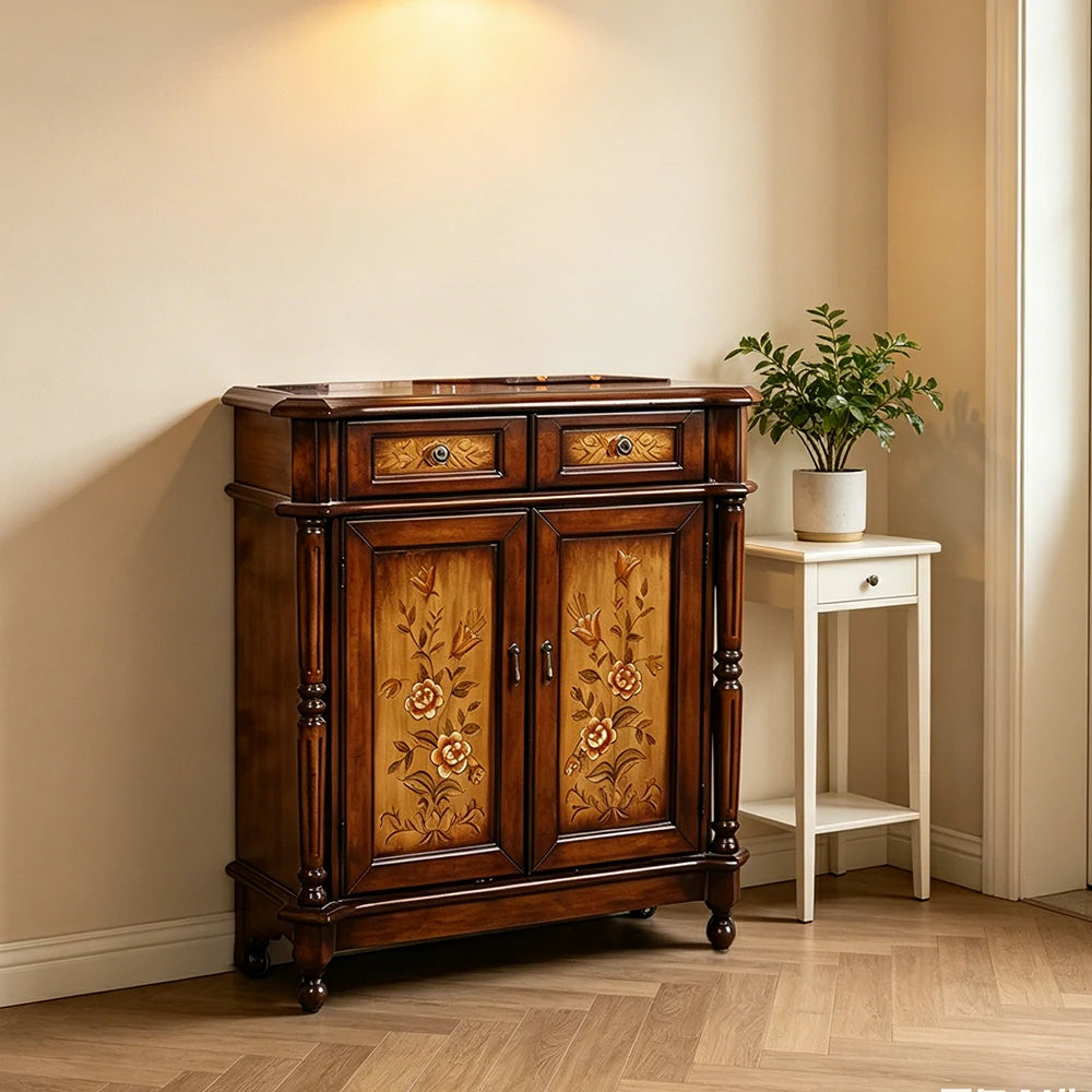 LIVARA Solid Wood 2 Door Shoe Cabinet with Hand Painted Storage American Entryway Cabinet 77cm - Brown