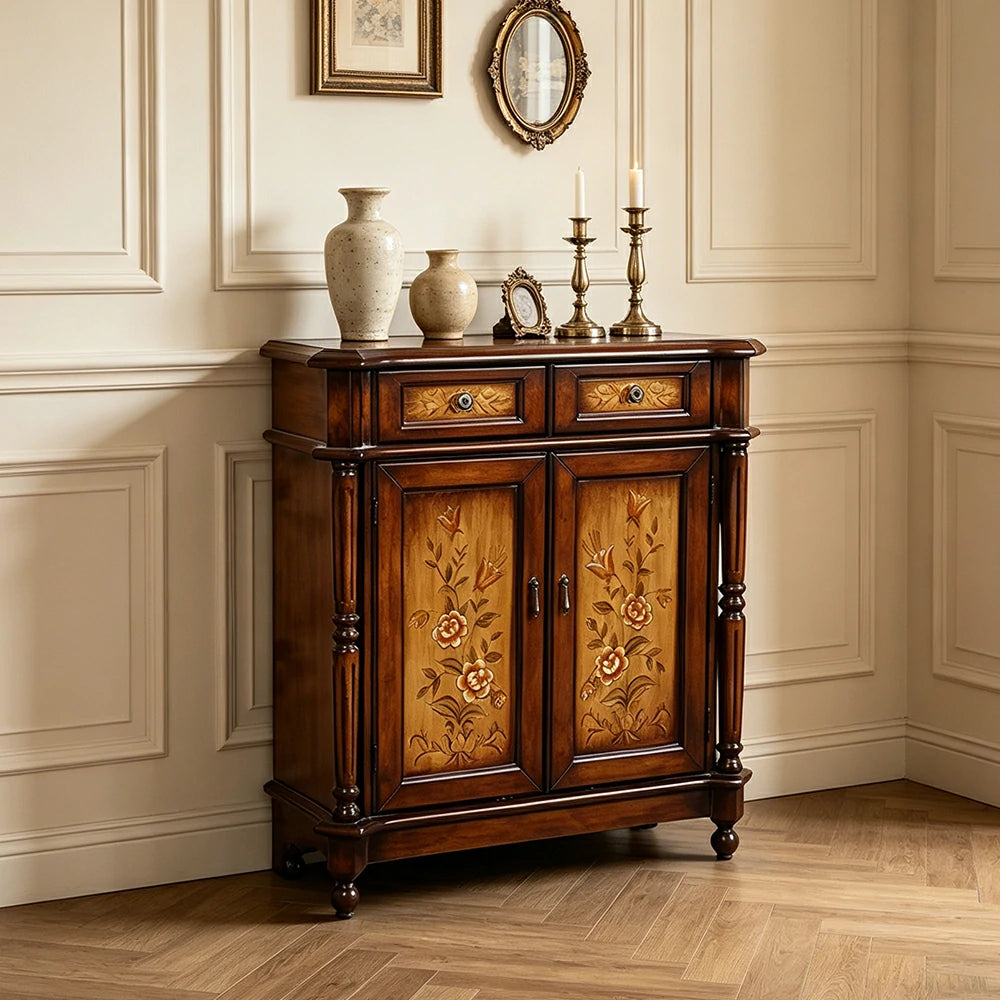 LIVARA Solid Wood 2 Door Shoe Cabinet with Hand Painted Storage American Entryway Cabinet 77cm - Brown