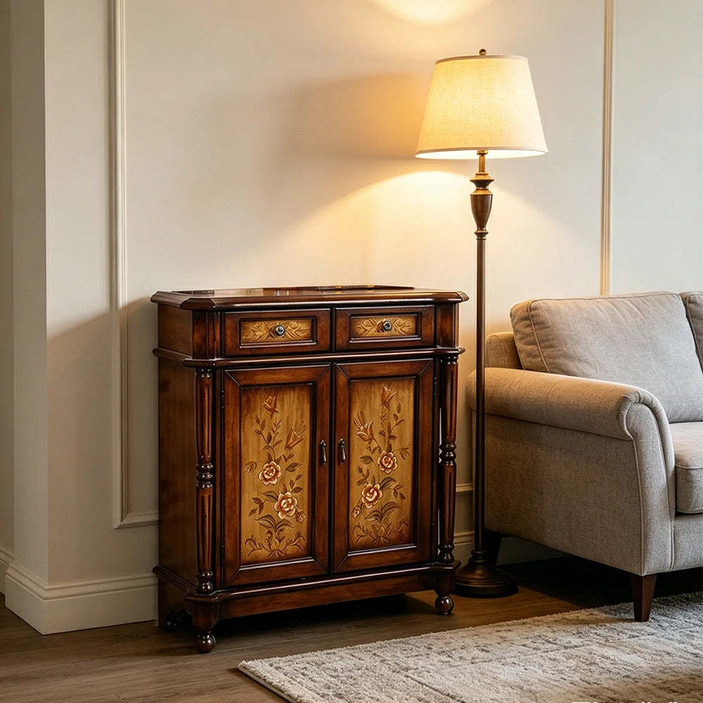 LIVARA Solid Wood 2 Door Shoe Cabinet with Hand Painted Storage American Entryway Cabinet 77cm - Brown