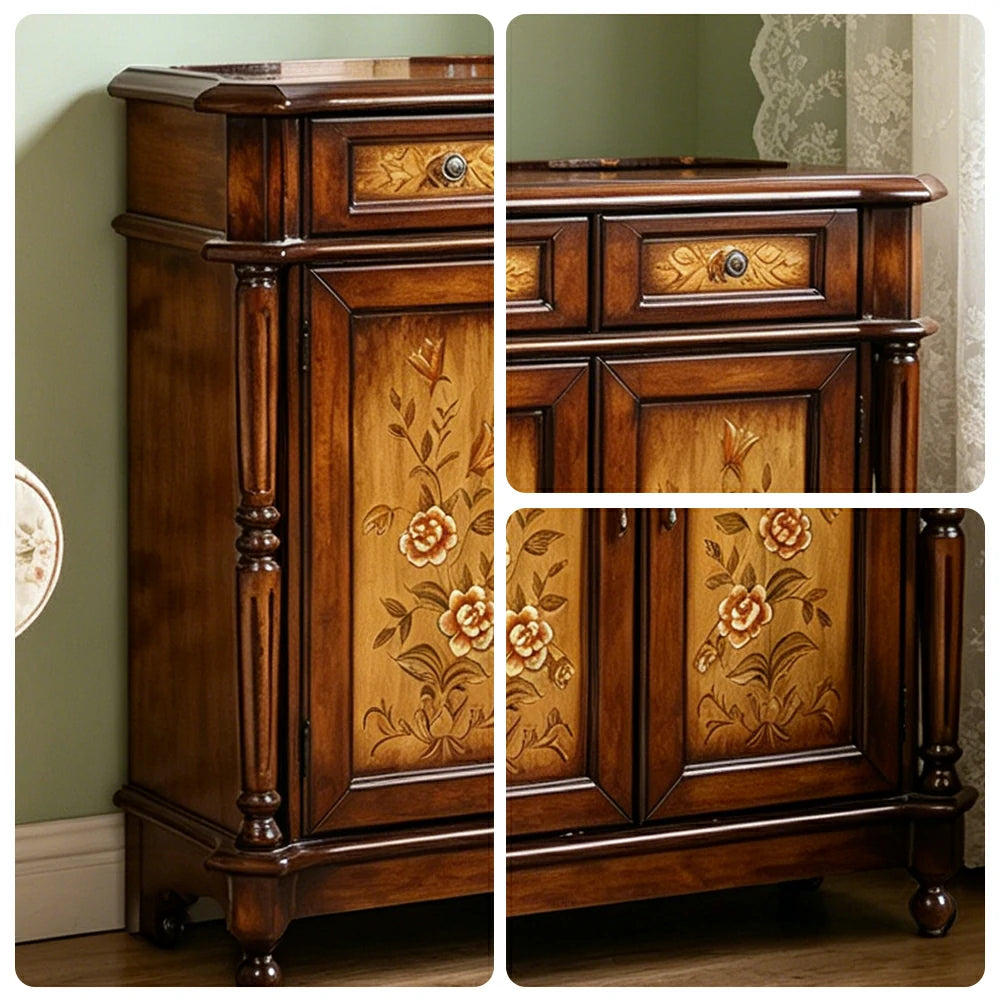 LIVARA Solid Wood 2 Door Shoe Cabinet with Hand Painted Storage American Entryway Cabinet 77cm - Brown