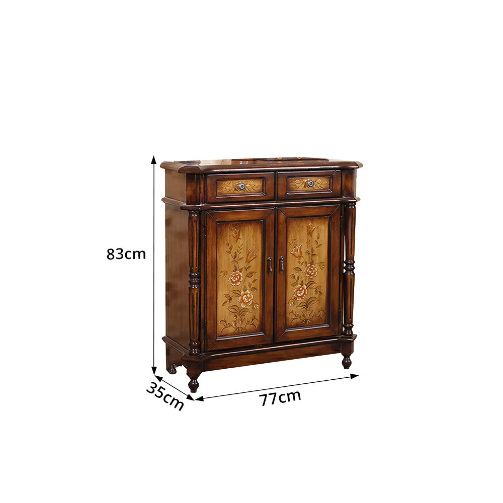 LIVARA Solid Wood 2 Door Shoe Cabinet with Hand Painted Storage American Entryway Cabinet 77cm - Brown