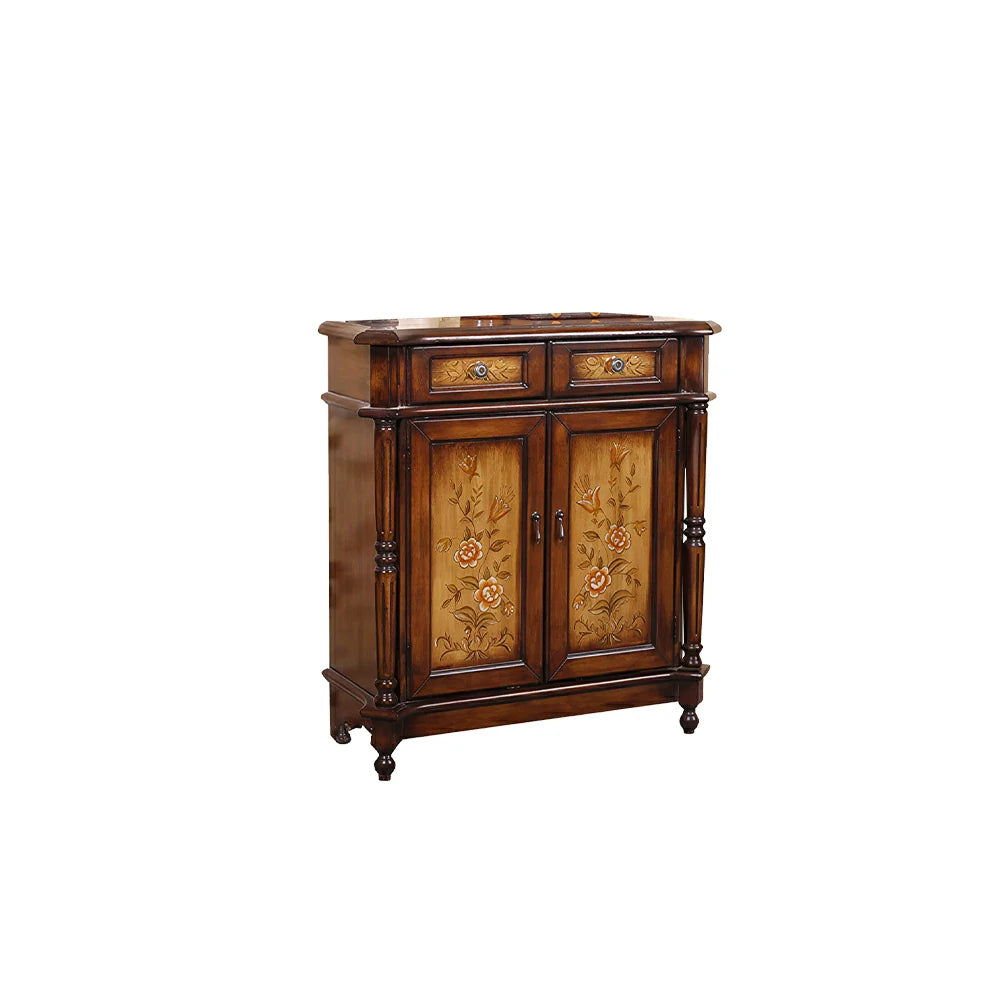 LIVARA Solid Wood 2 Door Shoe Cabinet with Hand Painted Storage American Entryway Cabinet 77cm - Brown