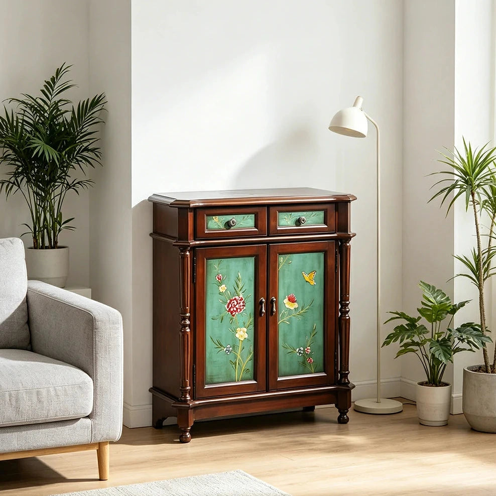 LIVARA Solid Wood 2 Door Shoe Cabinet with Hand Painted Storage American Entryway Cabinet 77cm - Green & Brown