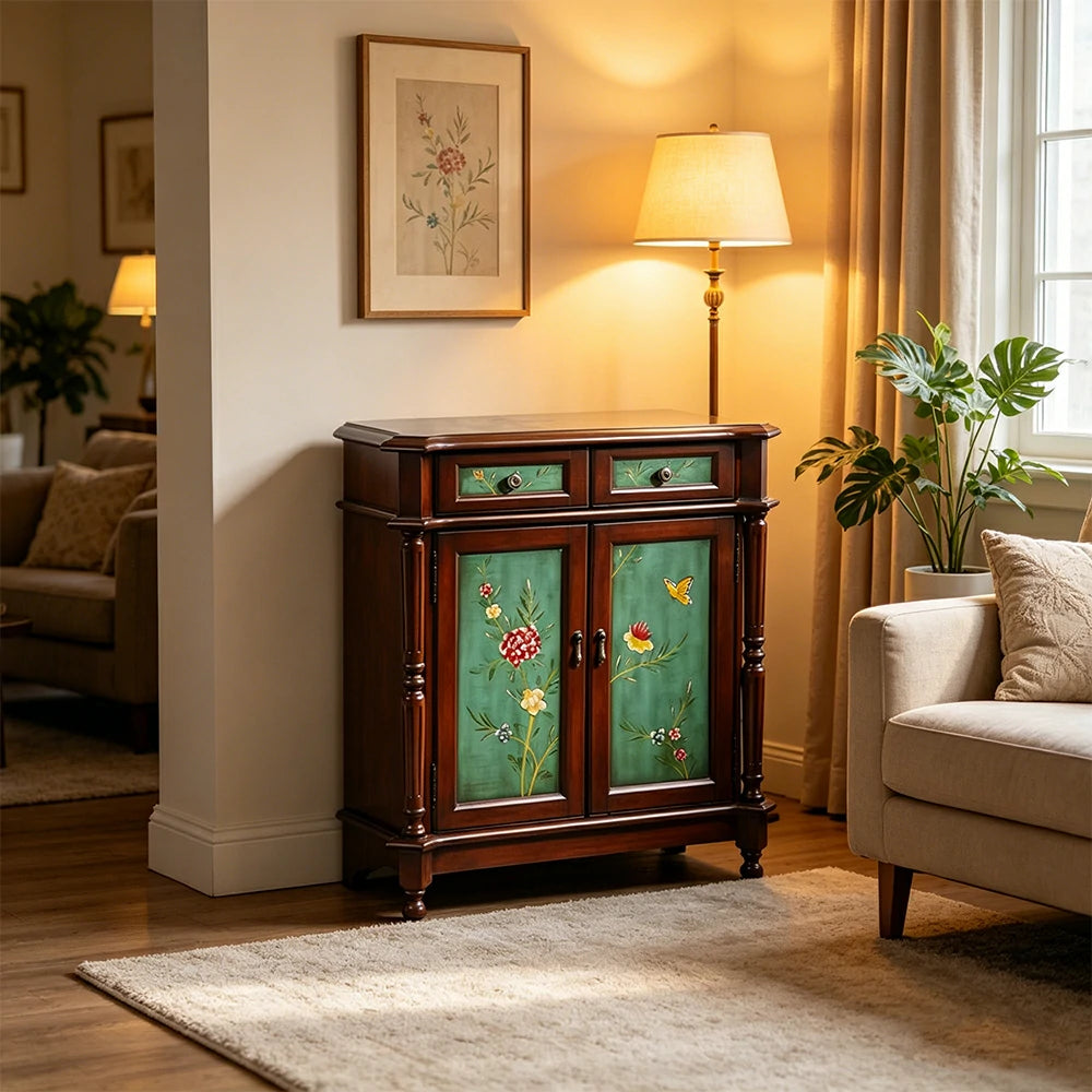 LIVARA Solid Wood 2 Door Shoe Cabinet with Hand Painted Storage American Entryway Cabinet 77cm - Green & Brown