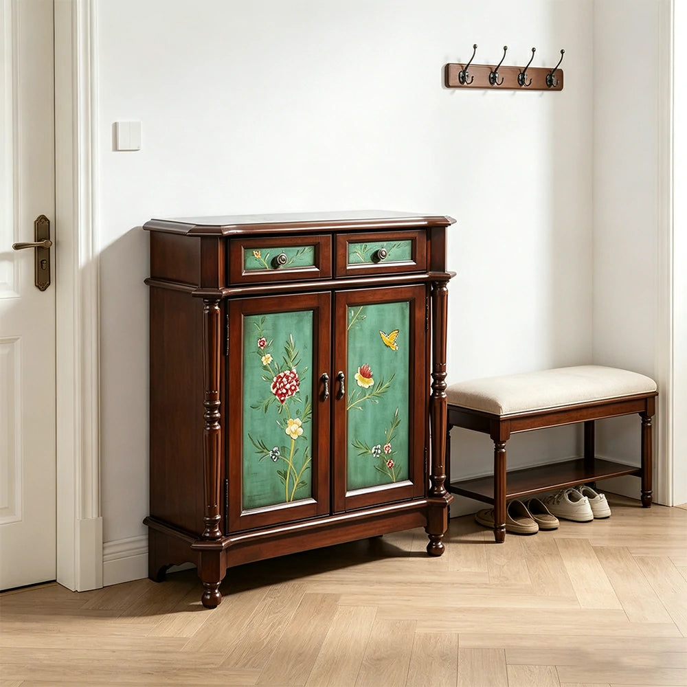 LIVARA Solid Wood 2 Door Shoe Cabinet with Hand Painted Storage American Entryway Cabinet 77cm - Green & Brown