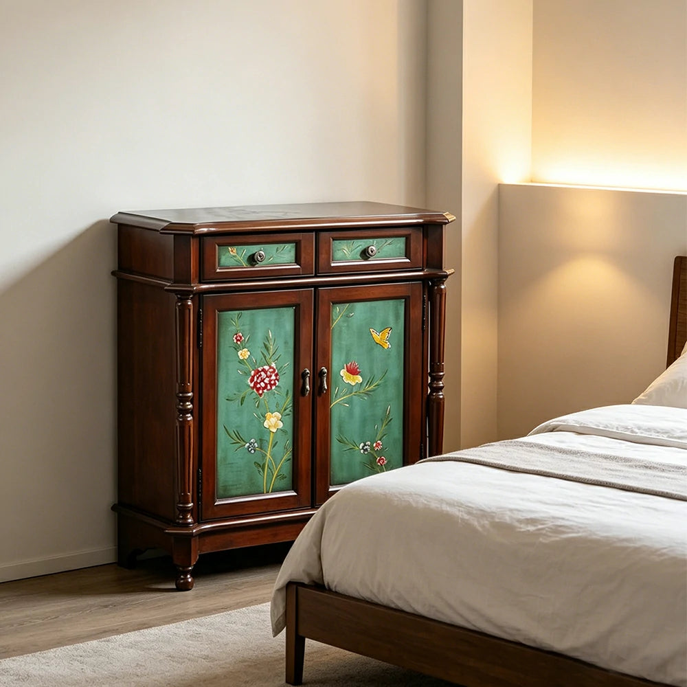 LIVARA Solid Wood 2 Door Shoe Cabinet with Hand Painted Storage American Entryway Cabinet 77cm - Green & Brown