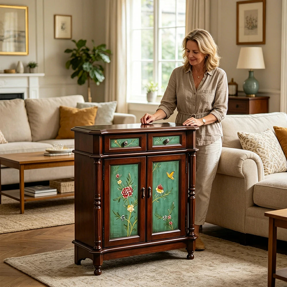 LIVARA Solid Wood 2 Door Shoe Cabinet with Hand Painted Storage American Entryway Cabinet 77cm - Green & Brown