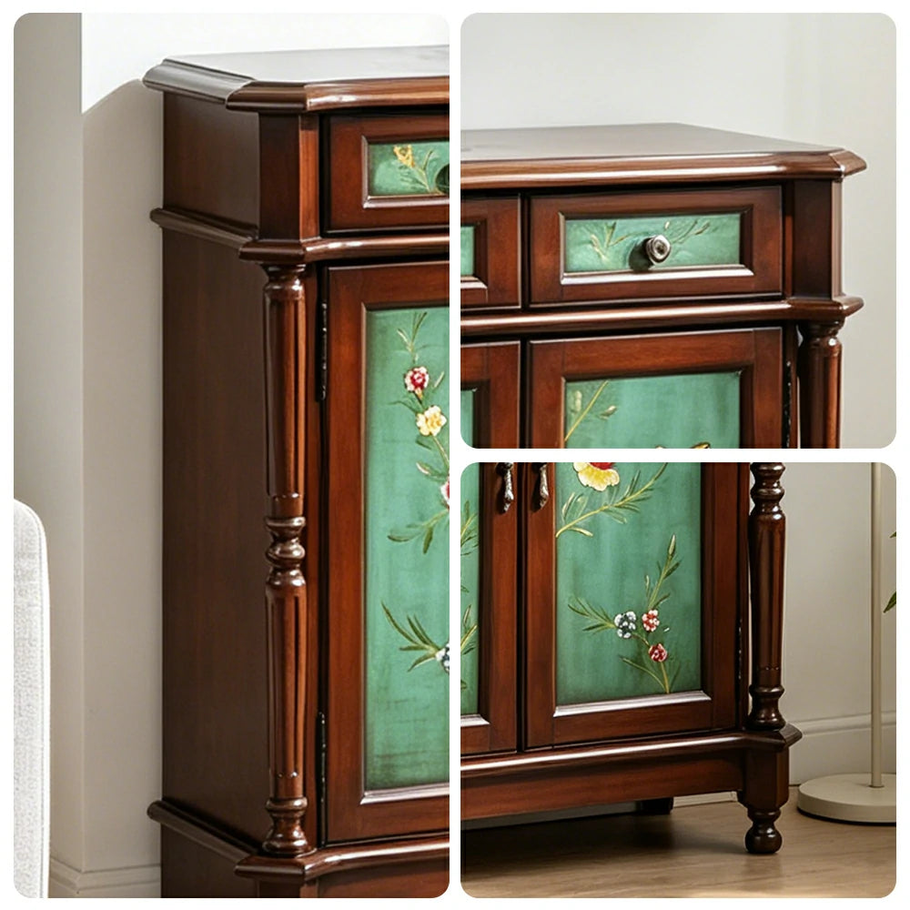 LIVARA Solid Wood 2 Door Shoe Cabinet with Hand Painted Storage American Entryway Cabinet 77cm - Green & Brown