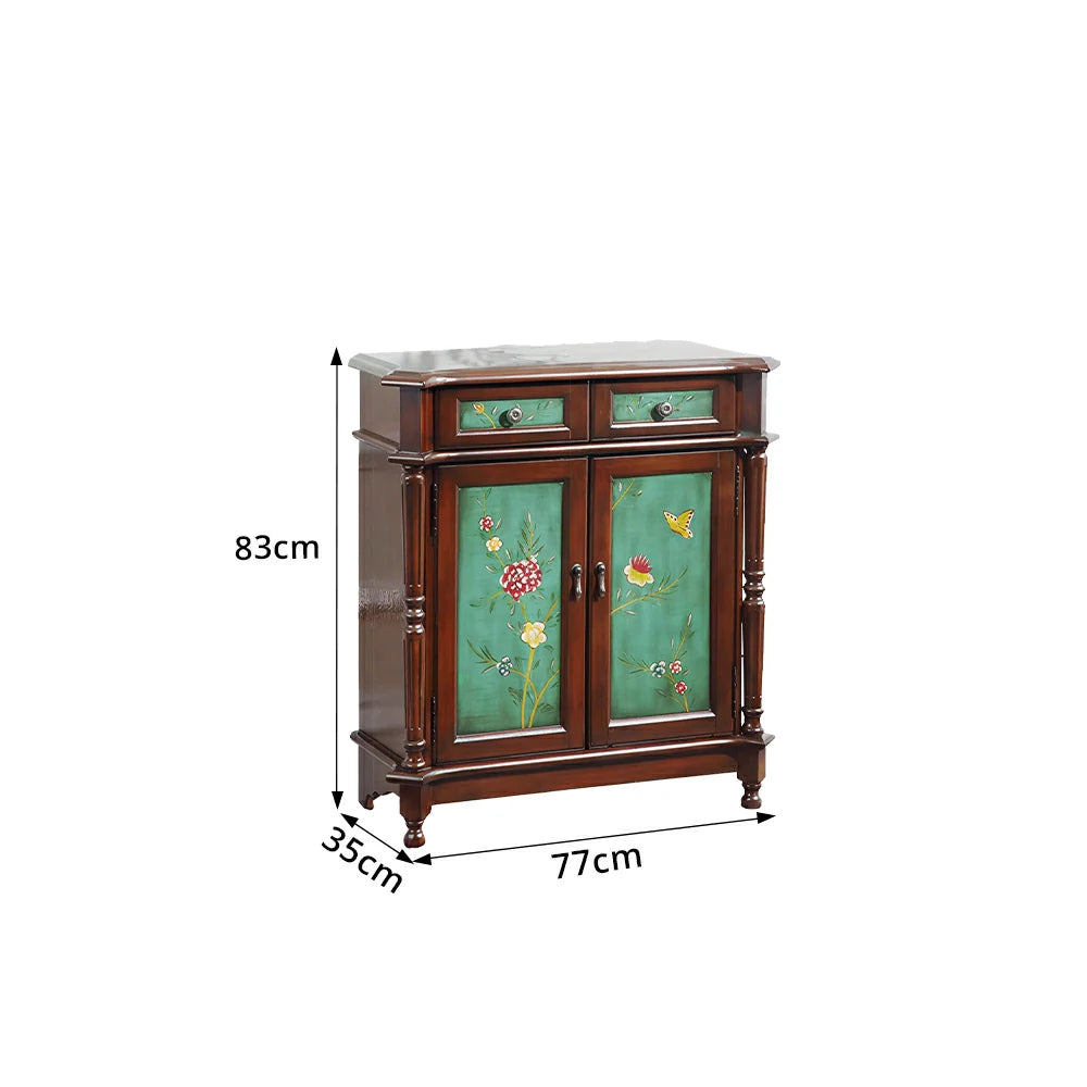 LIVARA Solid Wood 2 Door Shoe Cabinet with Hand Painted Storage American Entryway Cabinet 77cm - Green & Brown