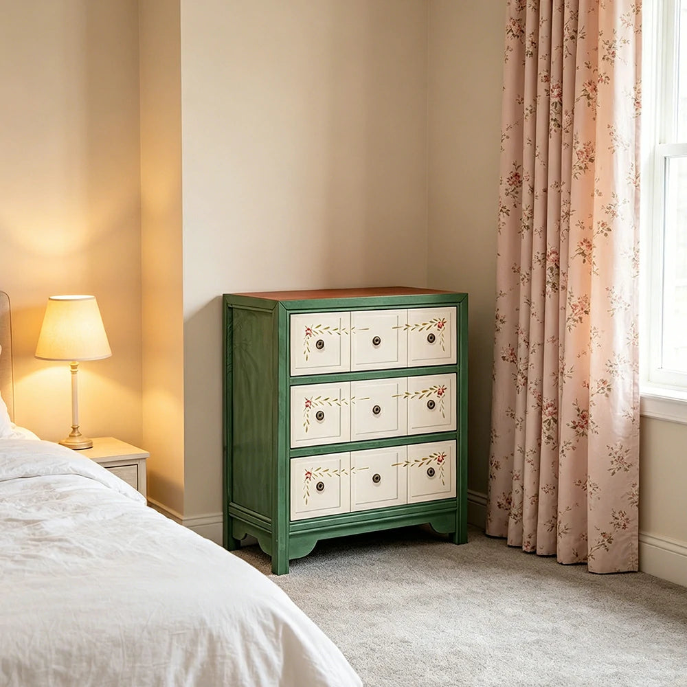 LIVARA Solid Wood 3 Drawer Storage Cabinet Hand Painted American Style Bedroom Side Chest 68.5cm - Green & White