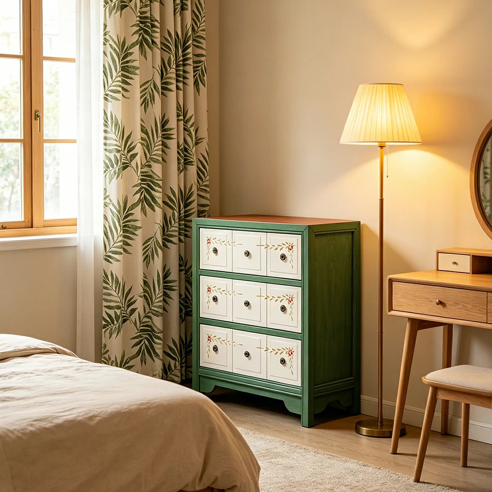 LIVARA Solid Wood 3 Drawer Storage Cabinet Hand Painted American Style Bedroom Side Chest 68.5cm - Green & White