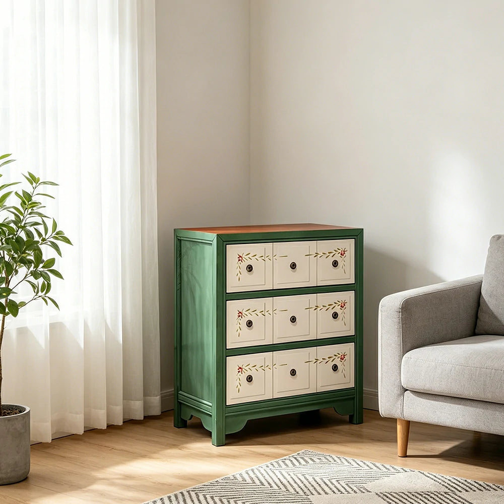 LIVARA Solid Wood 3 Drawer Storage Cabinet Hand Painted American Style Bedroom Side Chest 68.5cm - Green & White