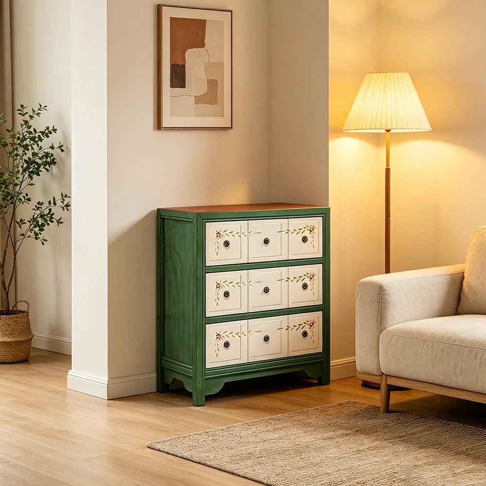 LIVARA Solid Wood 3 Drawer Storage Cabinet Hand Painted American Style Bedroom Side Chest 68.5cm - Green & White