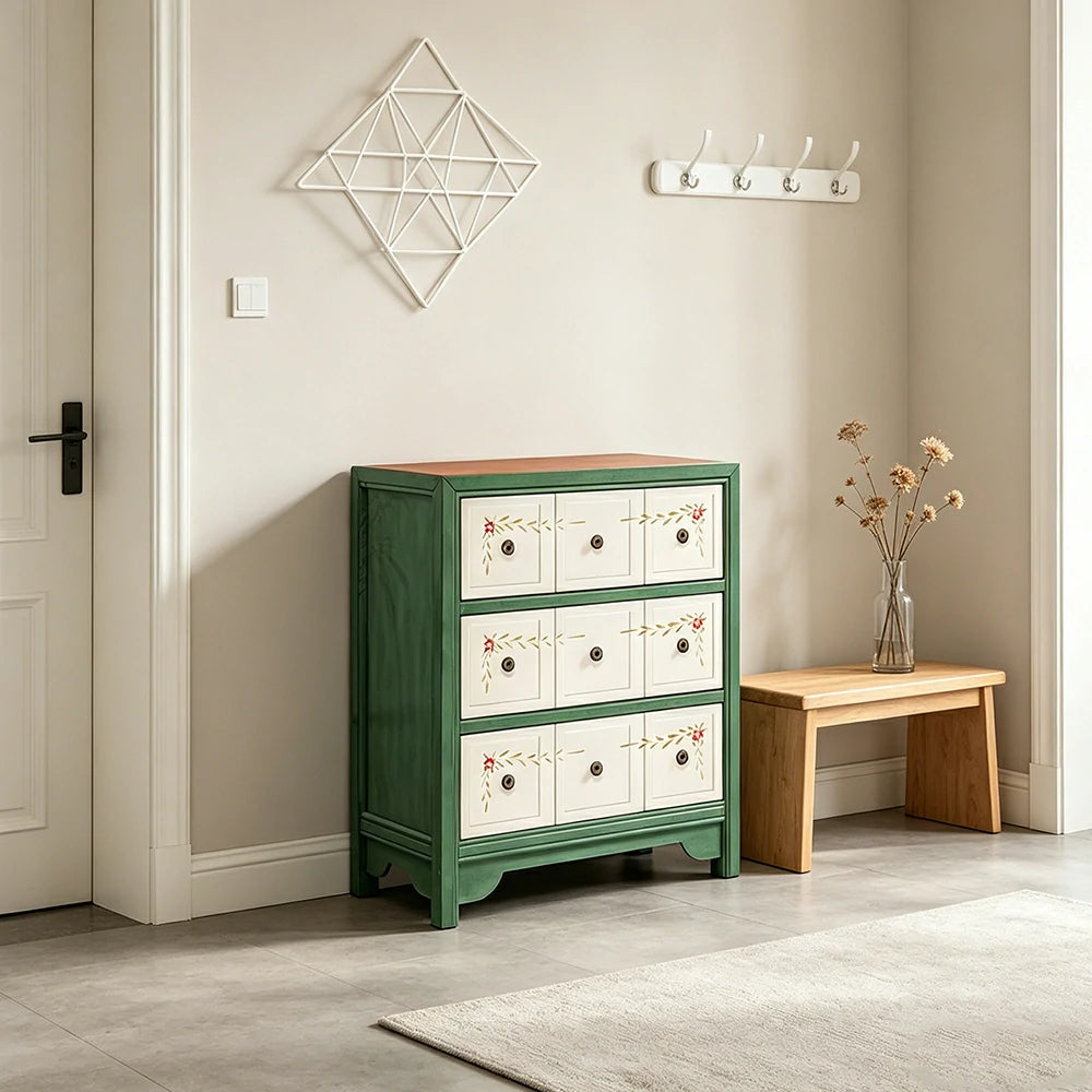 LIVARA Solid Wood 3 Drawer Storage Cabinet Hand Painted American Style Bedroom Side Chest 68.5cm - Green & White