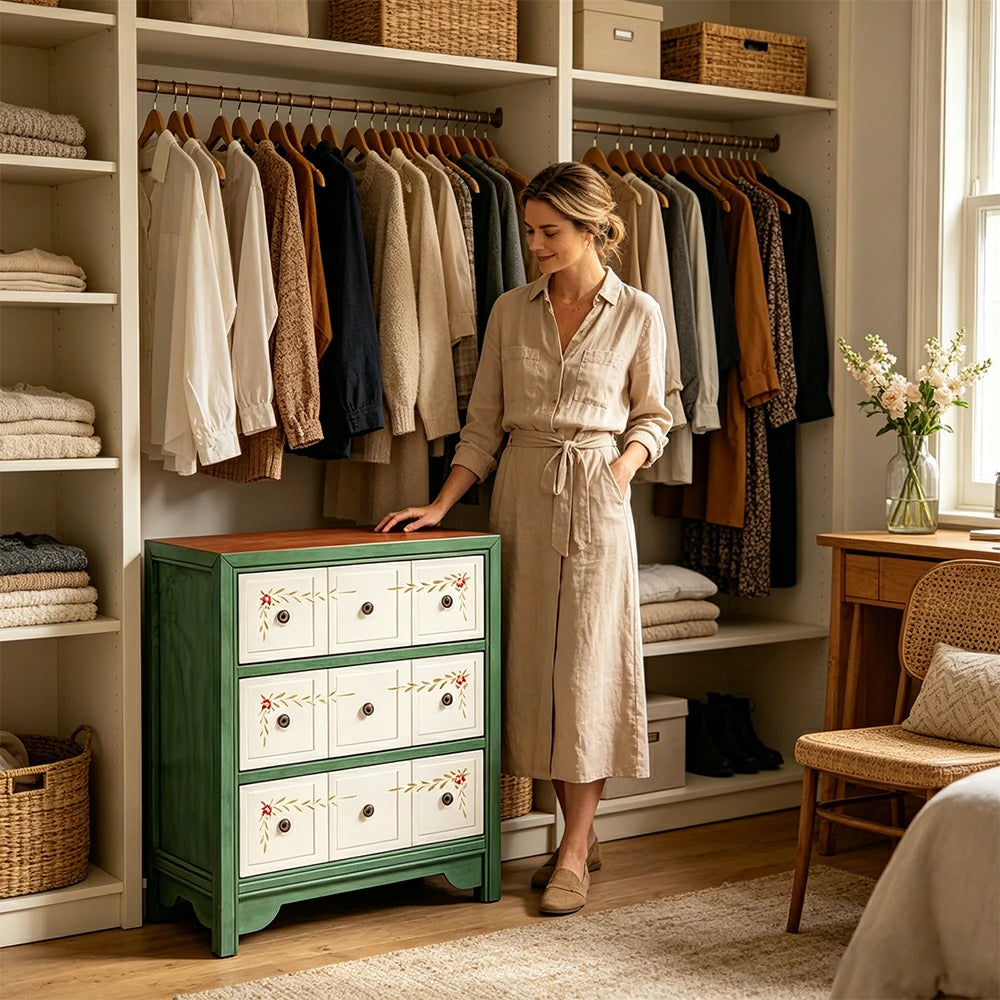 LIVARA Solid Wood 3 Drawer Storage Cabinet Hand Painted American Style Bedroom Side Chest 68.5cm - Green & White