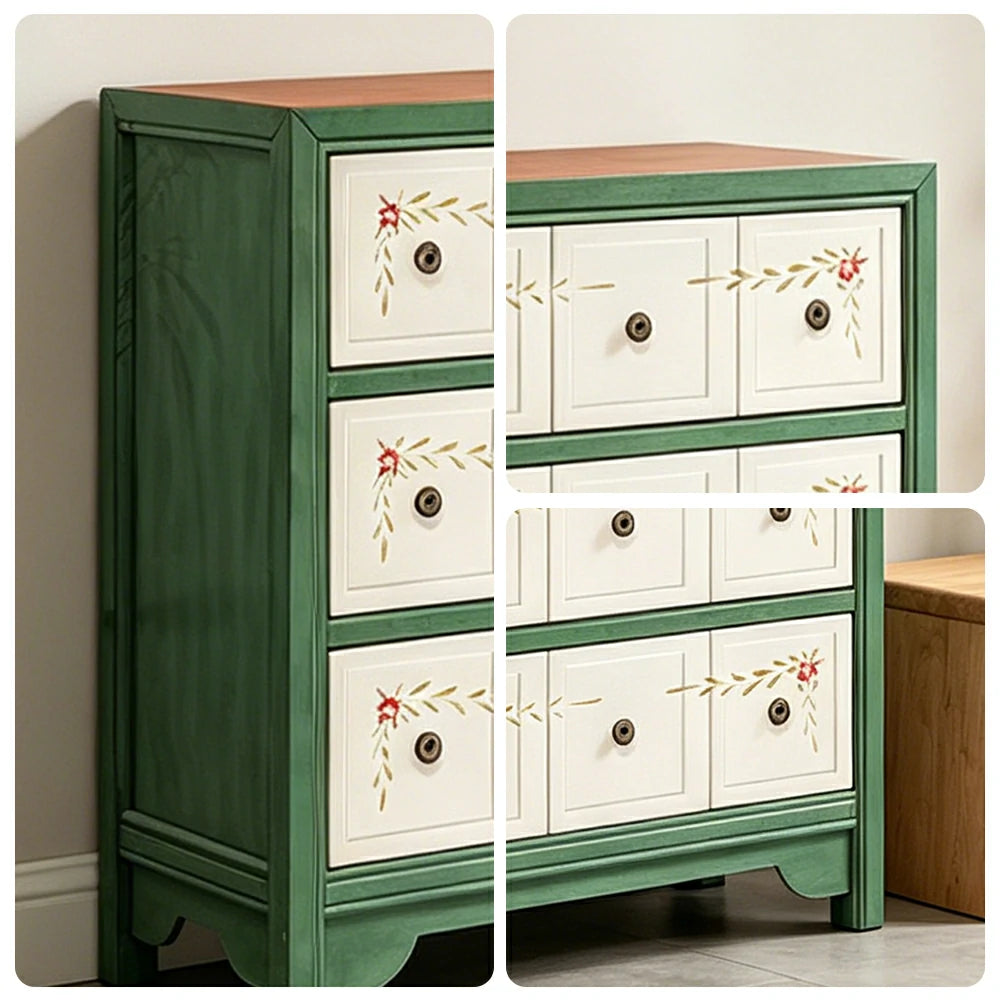 LIVARA Solid Wood 3 Drawer Storage Cabinet Hand Painted American Style Bedroom Side Chest 68.5cm - Green & White