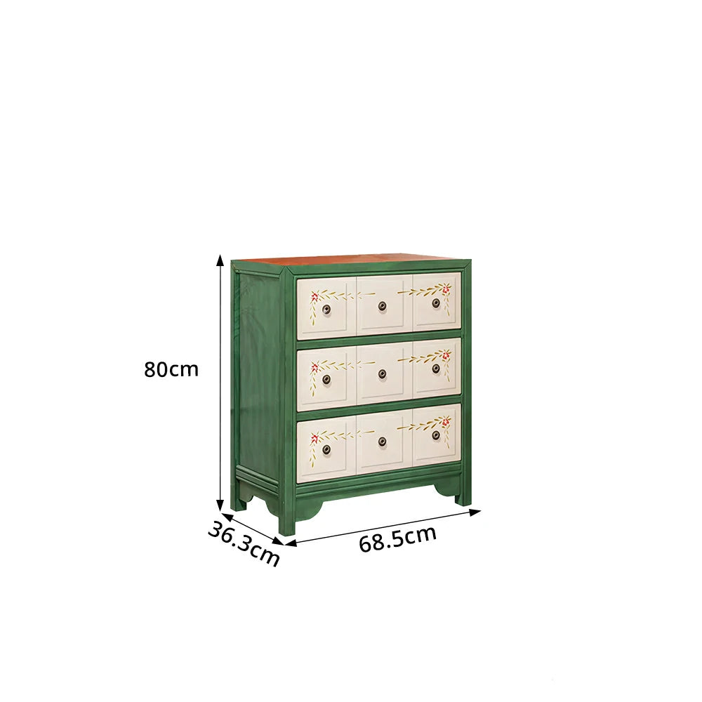 LIVARA Solid Wood 3 Drawer Storage Cabinet Hand Painted American Style Bedroom Side Chest 68.5cm - Green & White