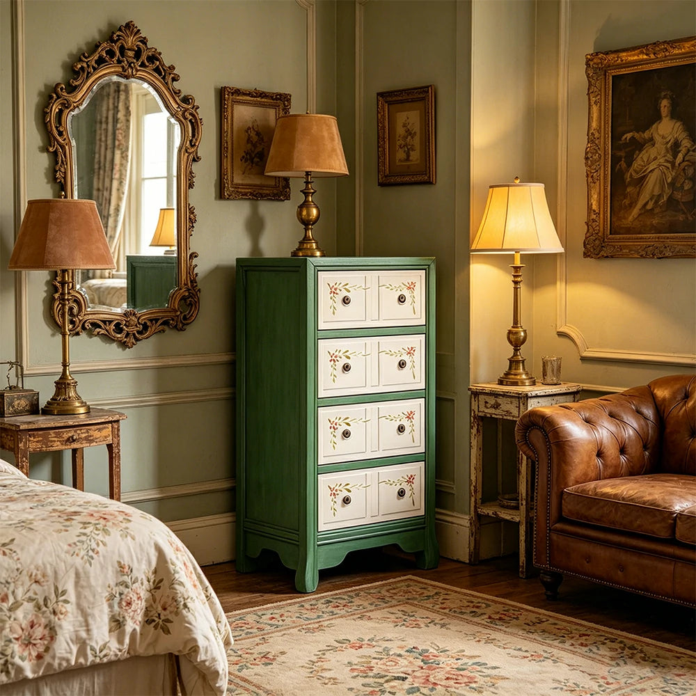 LIVARA Solid Wood 4 Drawer Storage Cabinet Hand Painted American Style Slim Chest 47.5cm - Green & White