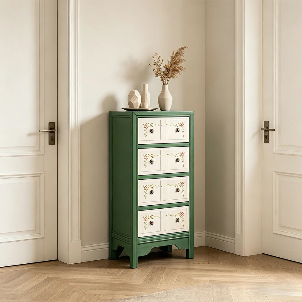 LIVARA Solid Wood 4 Drawer Storage Cabinet Hand Painted American Style Slim Chest 47.5cm - Green & White