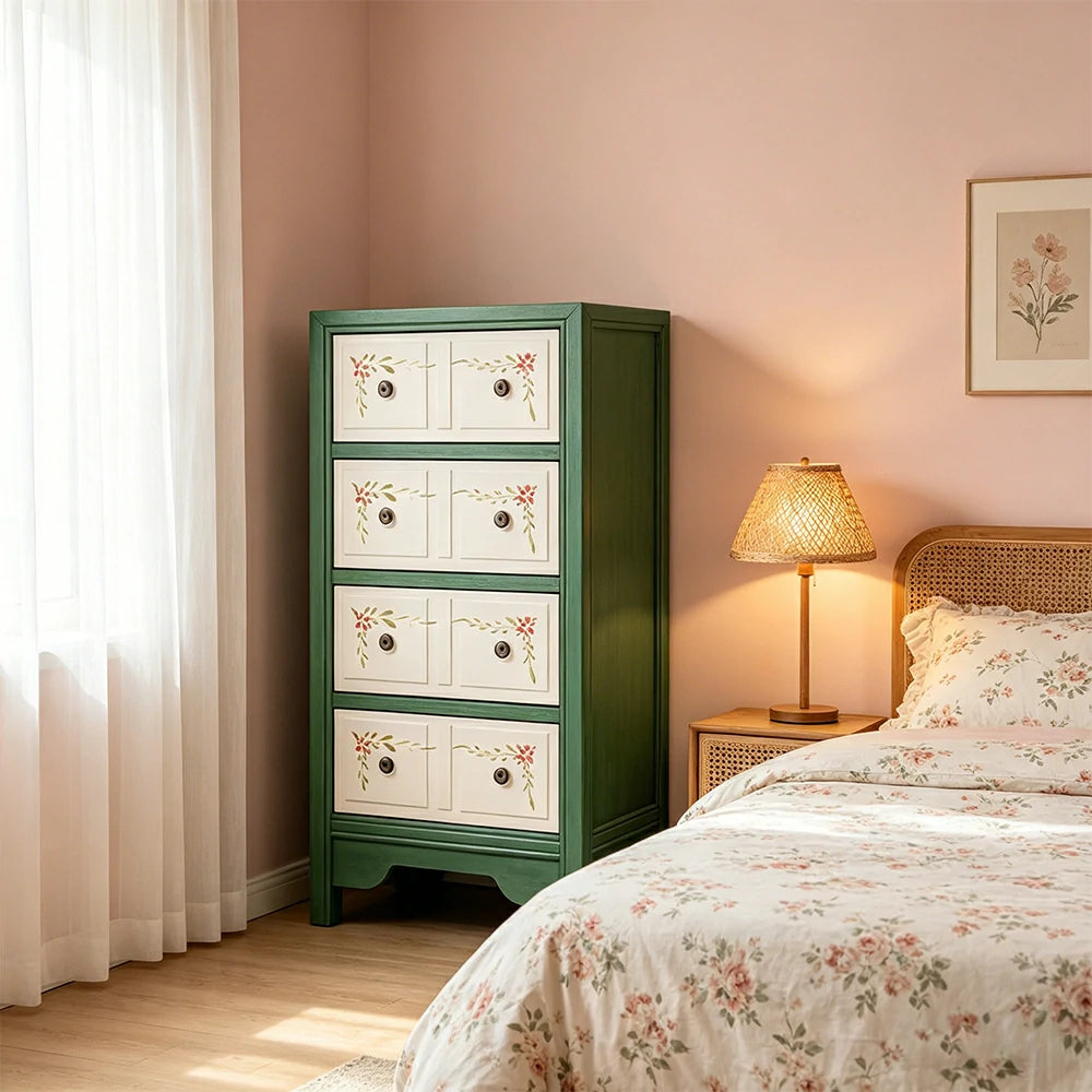 LIVARA Solid Wood 4 Drawer Storage Cabinet Hand Painted American Style Slim Chest 47.5cm - Green & White