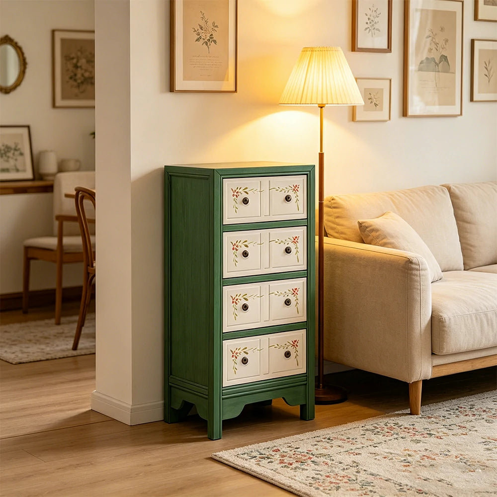 LIVARA Solid Wood 4 Drawer Storage Cabinet Hand Painted American Style Slim Chest 47.5cm - Green & White