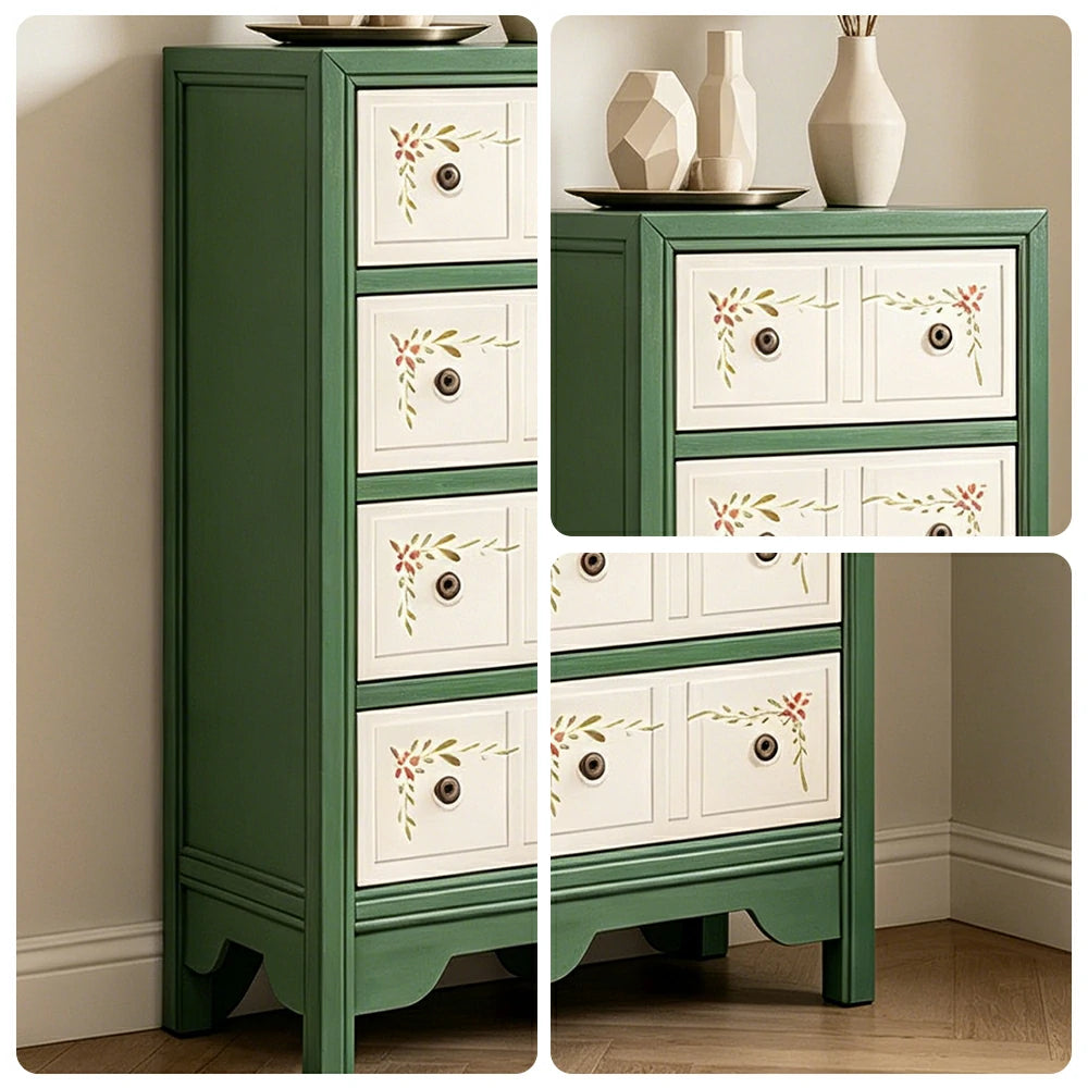 LIVARA Solid Wood 4 Drawer Storage Cabinet Hand Painted American Style Slim Chest 47.5cm - Green & White