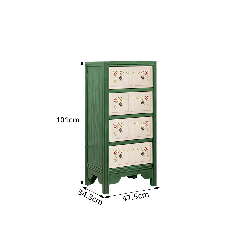 LIVARA Solid Wood 4 Drawer Storage Cabinet Hand Painted American Style Slim Chest 47.5cm - Green & White