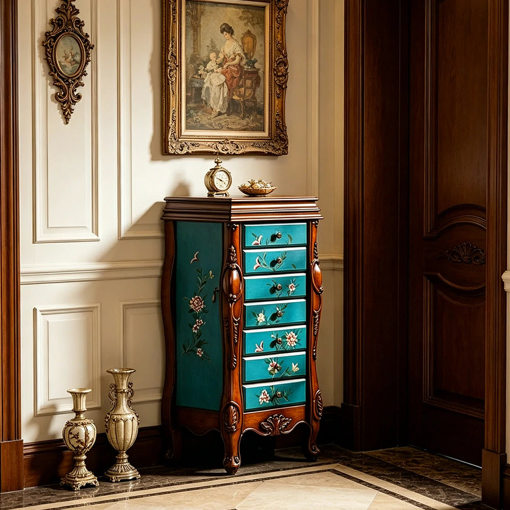 LIVARA Solid Wood 7 Drawer Storage Cabinet with Hand Painted Design Vintage Bedroom Chest 43.8cm - Blue