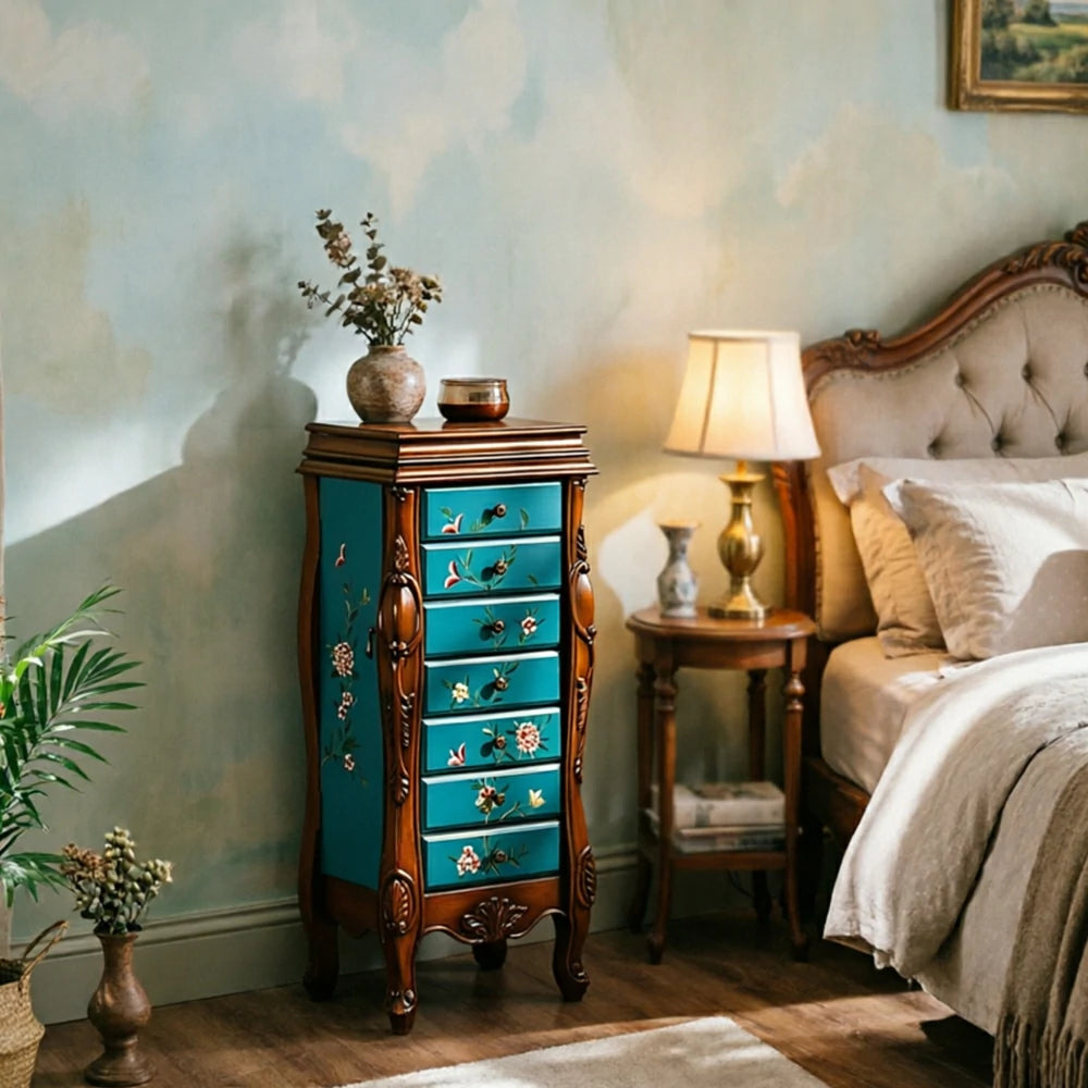 LIVARA Solid Wood 7 Drawer Storage Cabinet with Hand Painted Design Vintage Bedroom Chest 43.8cm - Blue