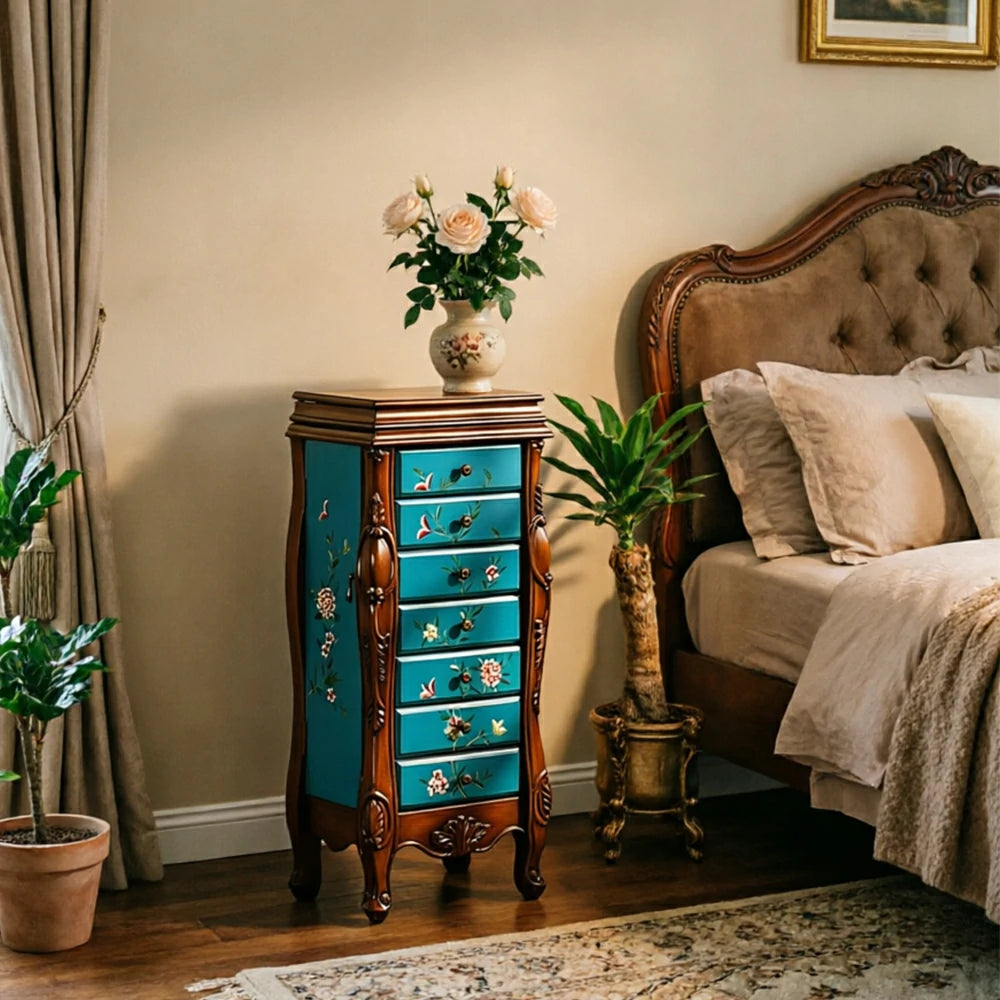 LIVARA Solid Wood 7 Drawer Storage Cabinet with Hand Painted Design Vintage Bedroom Chest 43.8cm - Blue