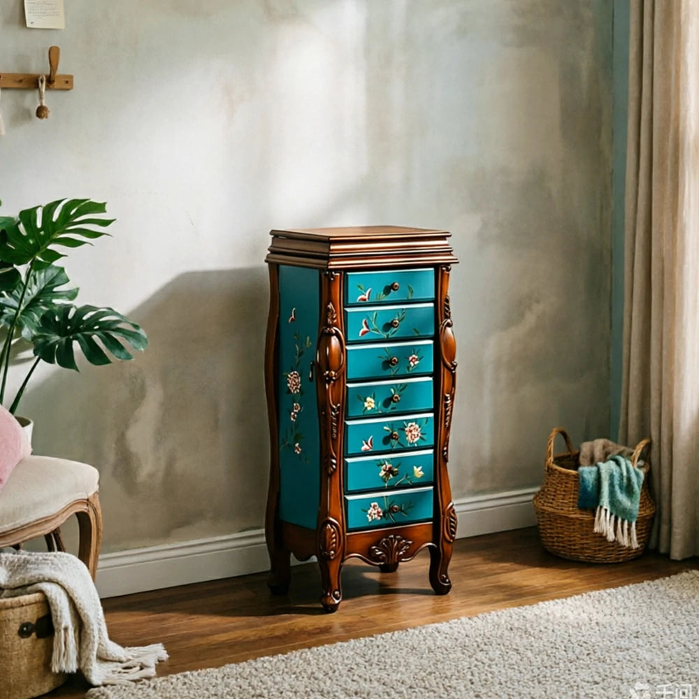 LIVARA Solid Wood 7 Drawer Storage Cabinet with Hand Painted Design Vintage Bedroom Chest 43.8cm - Blue