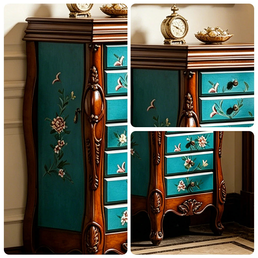 LIVARA Solid Wood 7 Drawer Storage Cabinet with Hand Painted Design Vintage Bedroom Chest 43.8cm - Blue