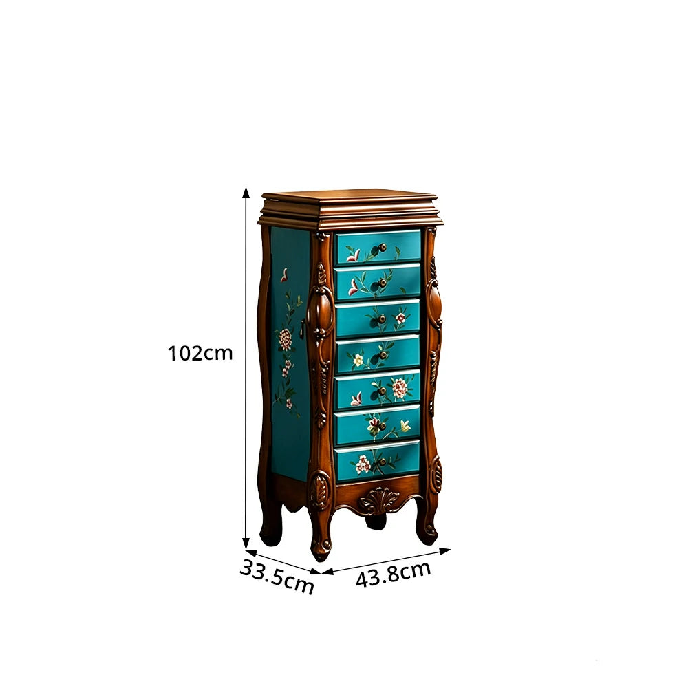 LIVARA Solid Wood 7 Drawer Storage Cabinet with Hand Painted Design Vintage Bedroom Chest 43.8cm - Blue