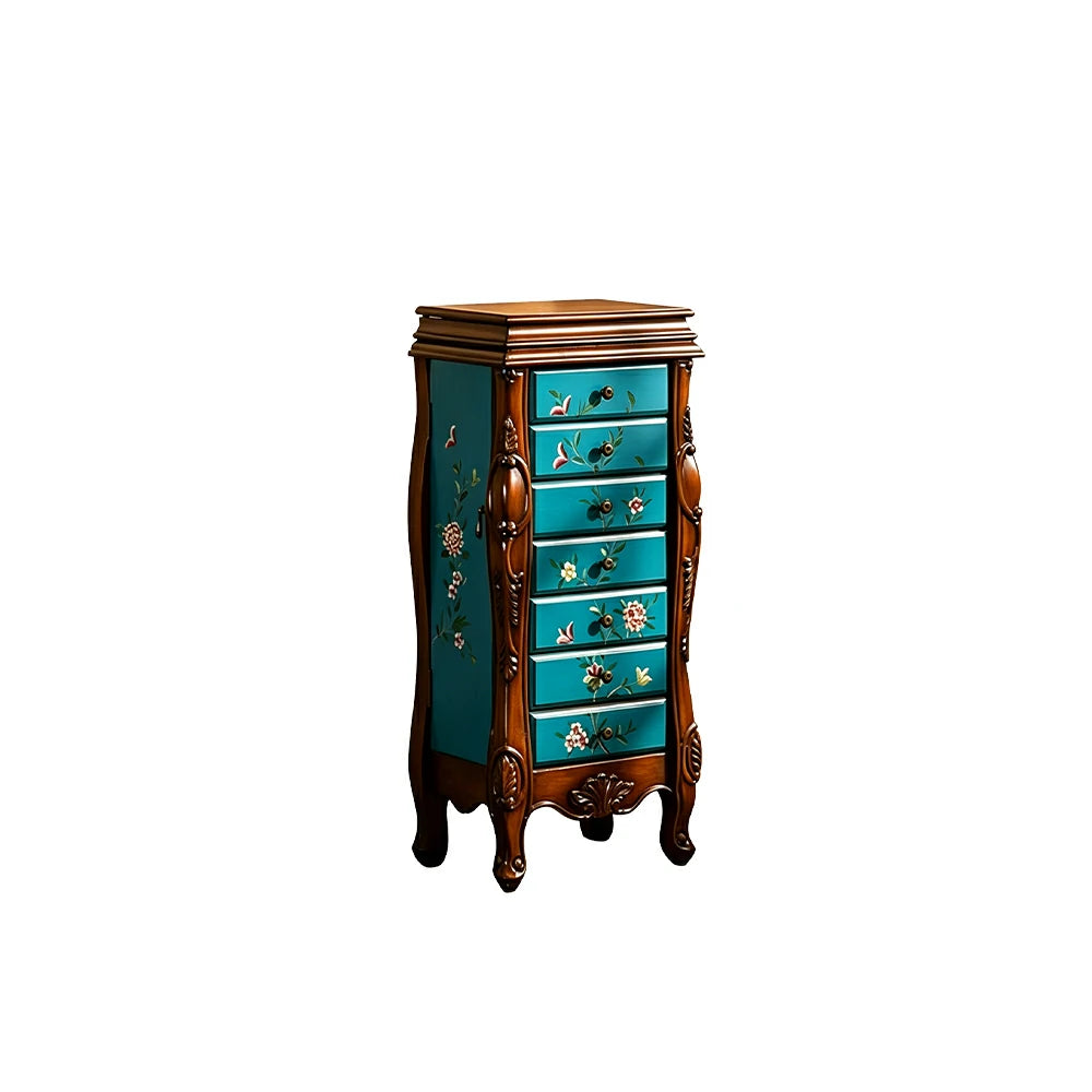 LIVARA Solid Wood 7 Drawer Storage Cabinet with Hand Painted Design Vintage Bedroom Chest 43.8cm - Blue
