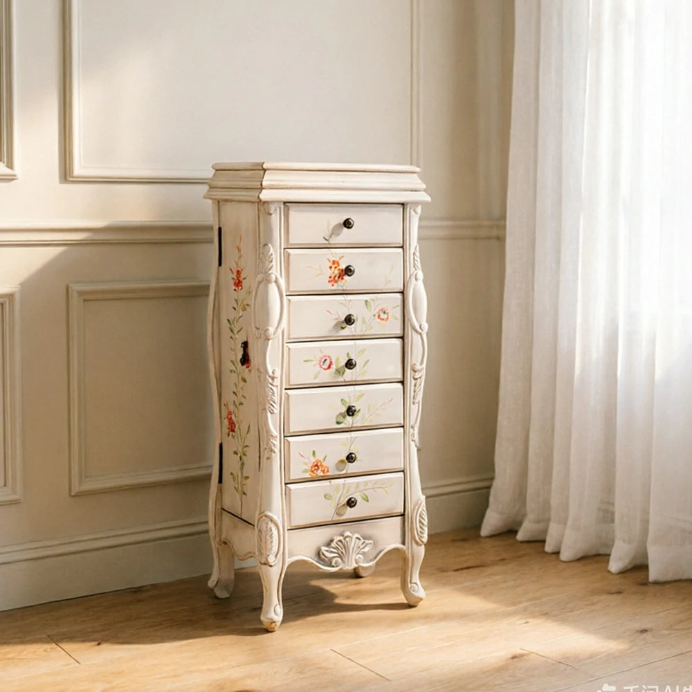 LIVARA Solid Wood 7 Drawer Storage Cabinet with Hand Painted Design Vintage Bedroom Chest 43.8cm - White