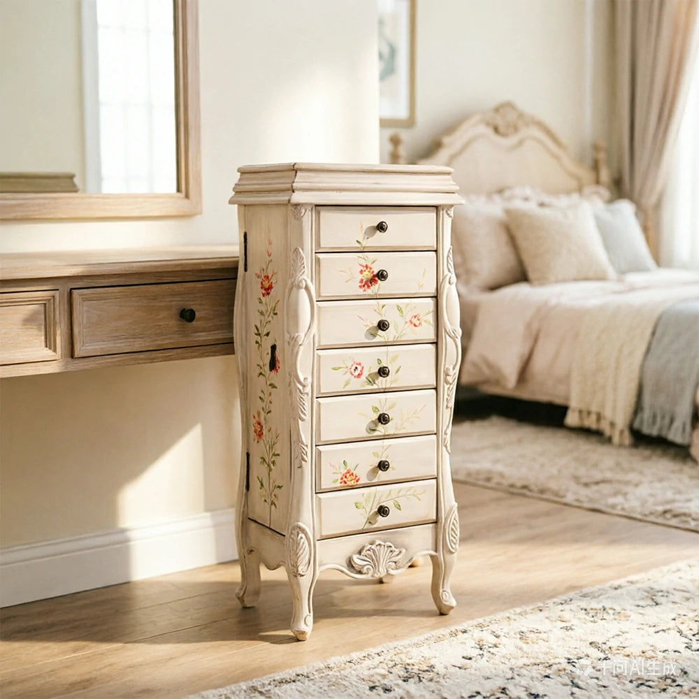 LIVARA Solid Wood 7 Drawer Storage Cabinet with Hand Painted Design Vintage Bedroom Chest 43.8cm - White