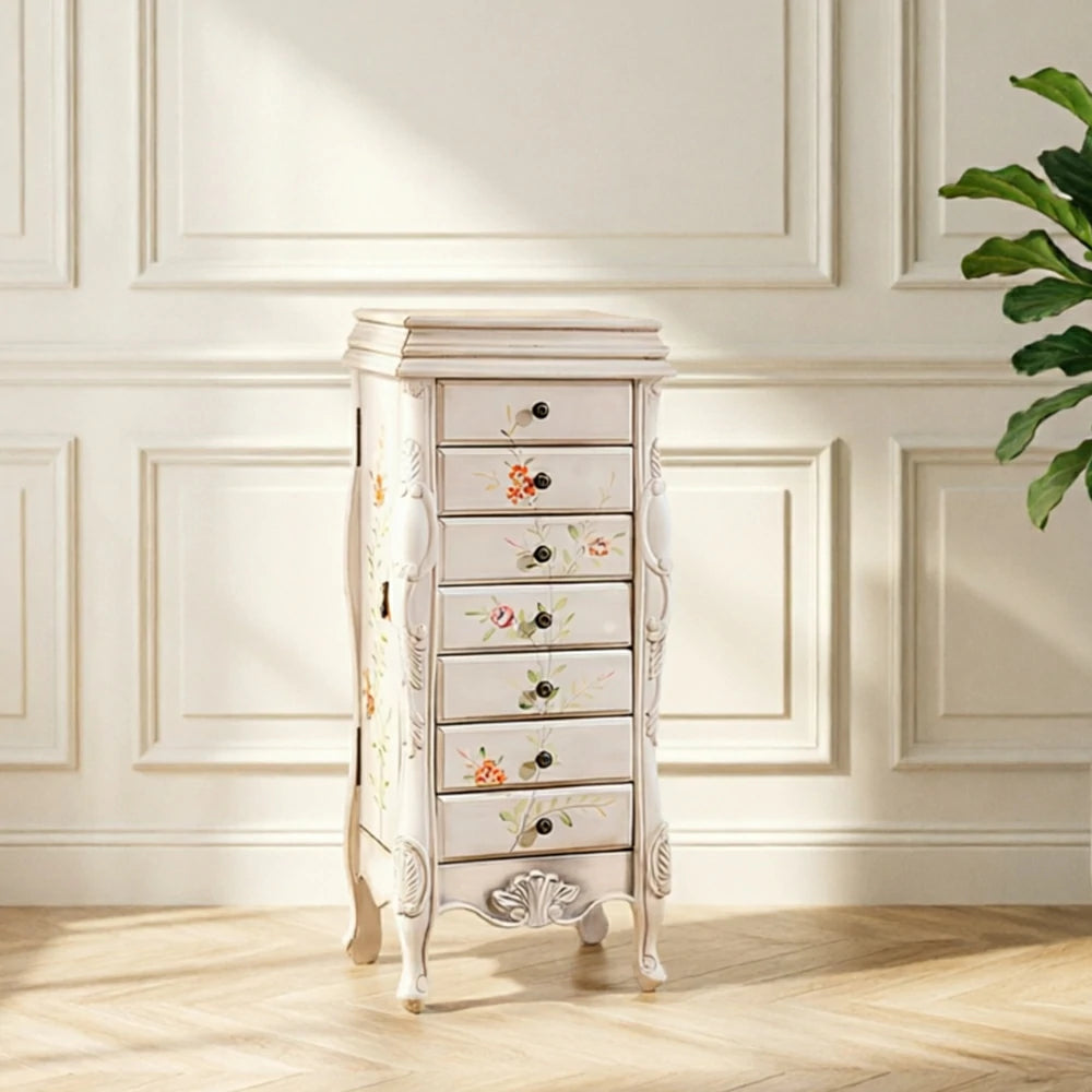 LIVARA Solid Wood 7 Drawer Storage Cabinet with Hand Painted Design Vintage Bedroom Chest 43.8cm - White