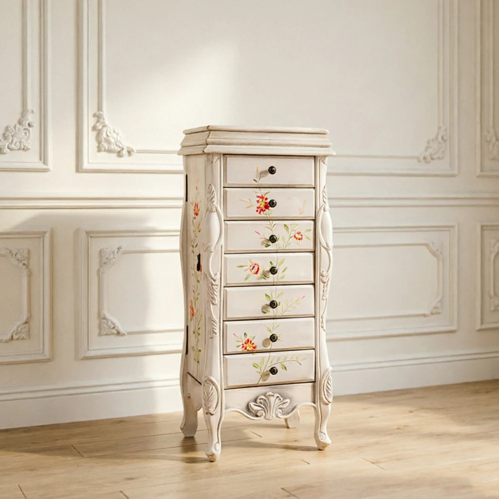 LIVARA Solid Wood 7 Drawer Storage Cabinet with Hand Painted Design Vintage Bedroom Chest 43.8cm - White