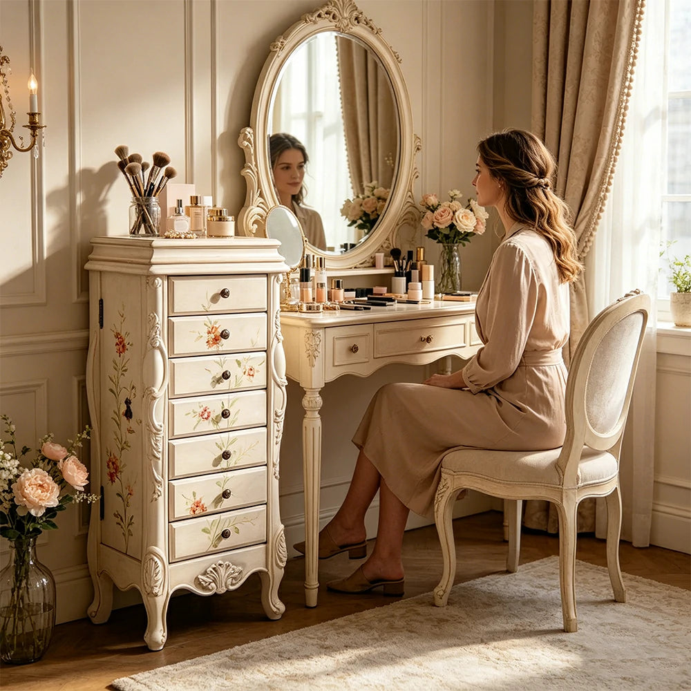 LIVARA Solid Wood 7 Drawer Storage Cabinet with Hand Painted Design Vintage Bedroom Chest 43.8cm - White