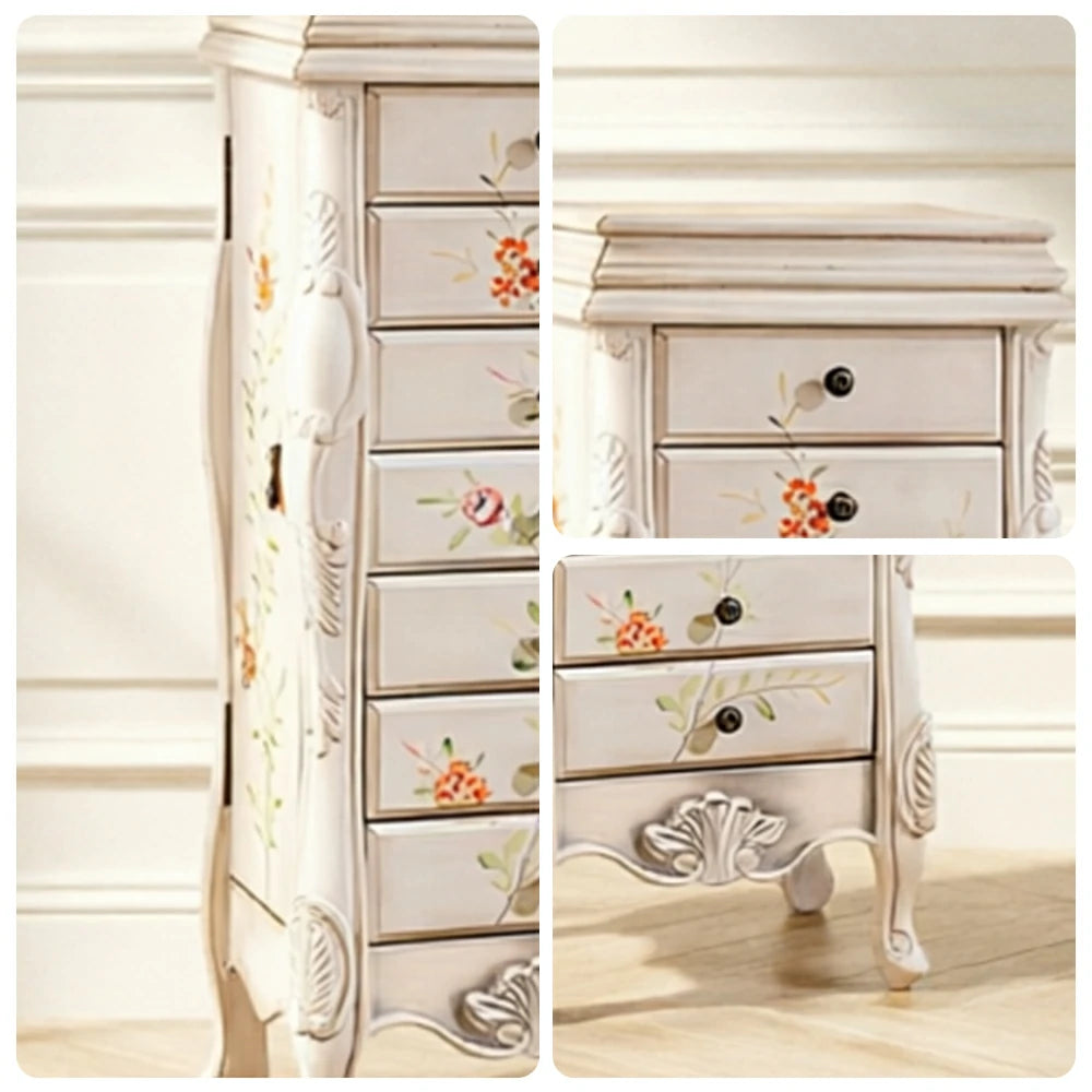 LIVARA Solid Wood 7 Drawer Storage Cabinet with Hand Painted Design Vintage Bedroom Chest 43.8cm - White