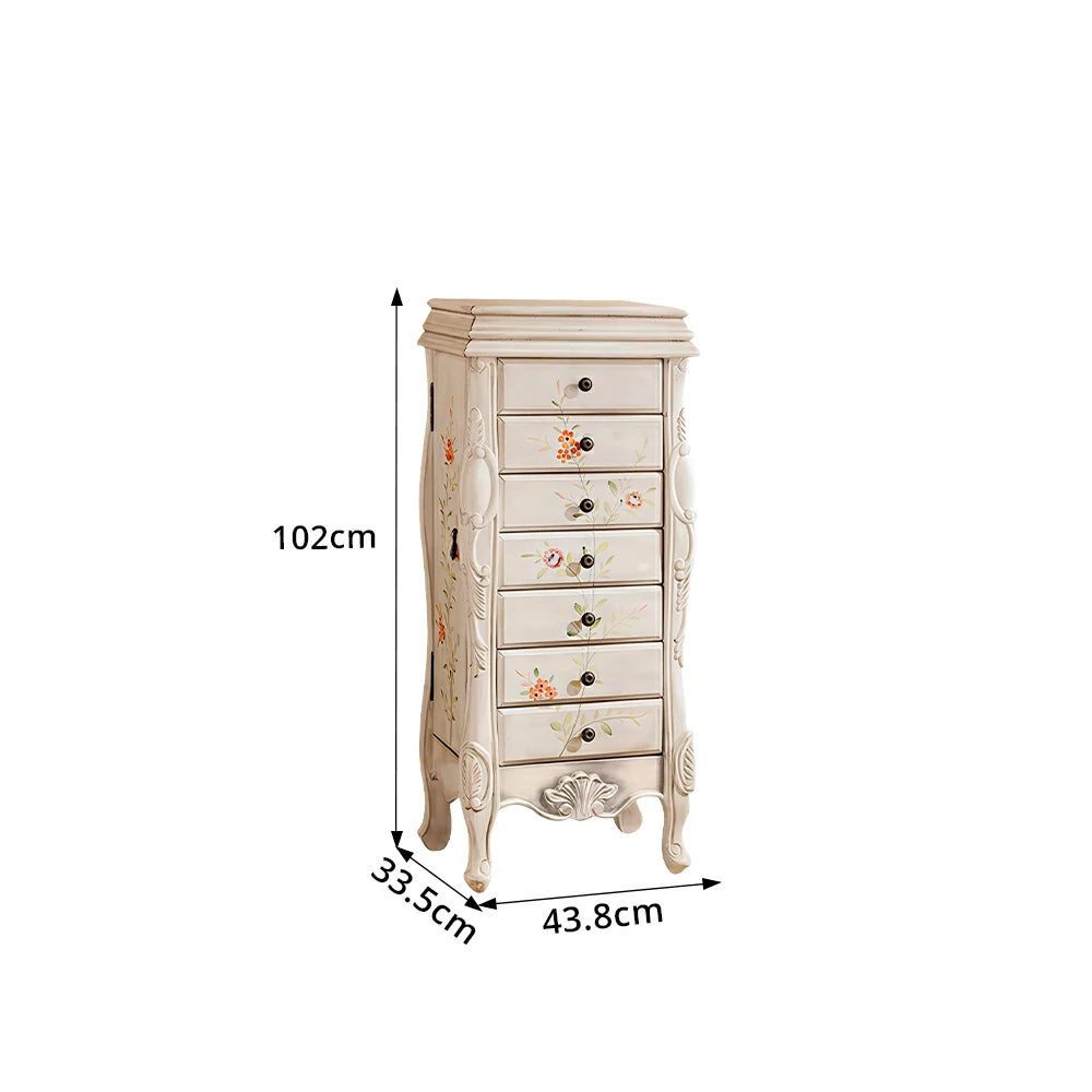 LIVARA Solid Wood 7 Drawer Storage Cabinet with Hand Painted Design Vintage Bedroom Chest 43.8cm - White