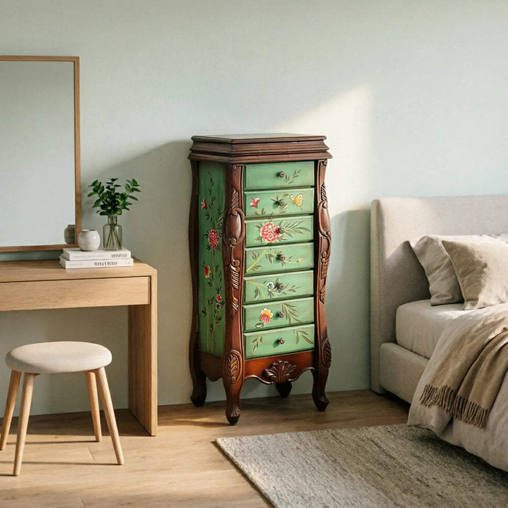 LIVARA Solid Wood 7 Drawer Storage Cabinet with Hand Painted Design Vintage Bedroom Chest 43.8cm - Dark Green