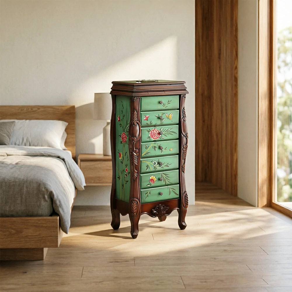 LIVARA Solid Wood 7 Drawer Storage Cabinet with Hand Painted Design Vintage Bedroom Chest 43.8cm - Dark Green
